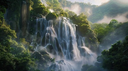 Canvas Print - Wallpaper of a dramatic waterfall cascading over cliffs with mist and soft light creating serenity