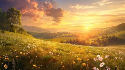 Background featuring rolling hills with wildflowers in bloom and a golden sunset casting a warm glow