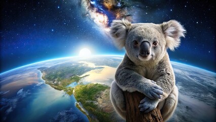 Wall Mural - asymmetrical koala bear floating in space with earth in background