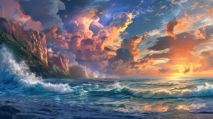 Canvas Print - Wallpaper of a dramatic coastal landscape with towering cliffs crashing waves and a vibrant sunset sky