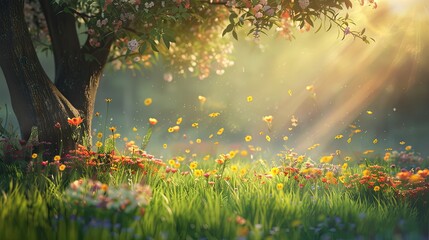 Canvas Print - Wallpaper of a spring meadow with lush grass and flowers glowing in the warm sunset light