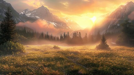 Sticker - Backdrop of a serene mountain valley at sunrise with warm light and soft textures in the landscape