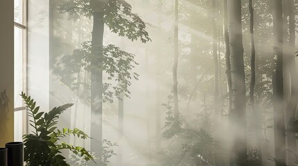 Canvas Print - Background of a dramatic forest scene featuring fog tall trees and soft light through the canopy