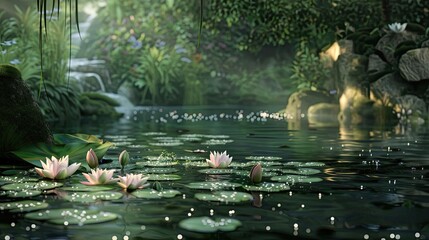 Canvas Print - Wallpaper showcasing a peaceful garden pond with delicate water lilies ripples and warm ambient light