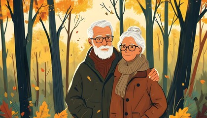 Timeless Love in an Autumn Forest: A Senior Couple Embracing Natures Beauty