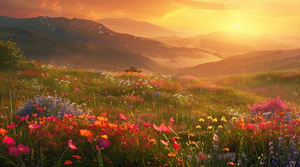 Sticker - Background of a colorful meadow in bloom rolling hills and a warm sunset creating a peaceful scene