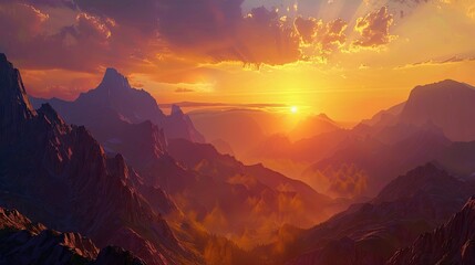 Wall Mural - Background showcasing a mountain pass with towering peaks deep shadows and a glowing sunset horizon