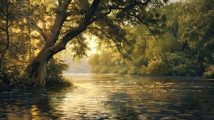 Canvas Print - Background showcasing a peaceful river bend with overhanging trees rippling water and soft golden light