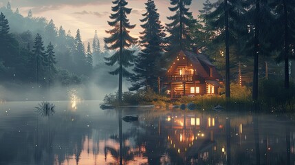 Sticker - Wallpaper showcasing a lakeside cabin at twilight with glowing lights and a serene reflective lake