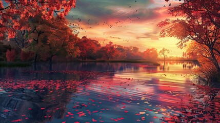 Sticker - Background of a peaceful lake reflecting autumn trees rich detailed colors and soft sunset light