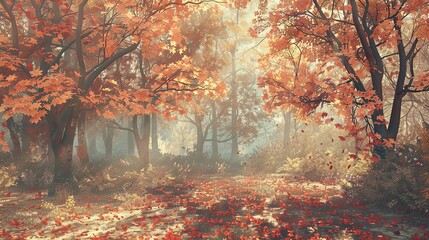 Canvas Print - Background of an autumn forest with detailed red and orange leaves soft sunlight and a carpet of leaves