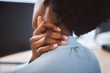 Poster - Black woman, neck injury and pain with stress for strain, pressure or overworked at office. Closeup, young African or employee with sore muscle or discomfort for ache, tension or inflammation at desk