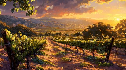 Wall Mural - Backdrop of a vineyard with rows of grapevines lush green leaves and a golden sunset casting long shadows