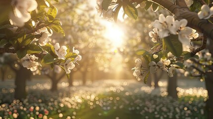 Poster - Blooming orchard wallpaper with detailed blossoms and sunlight filtering gently