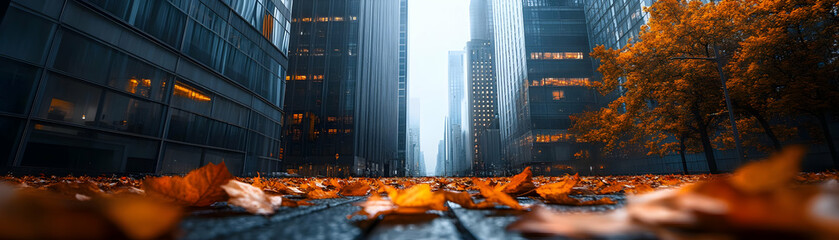 Autumn in the City - A Photo of Fallen Leaves and Modern Buildings