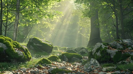 Sunlit forest glade wallpaper with detailed mossy rocks and fallen leaves in soft light