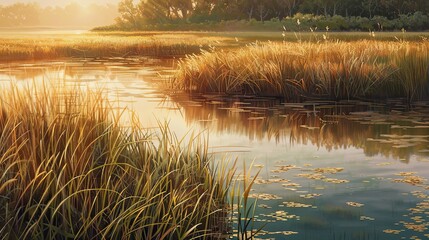 Poster - Marshland backdrop with calm water reflections grasses and golden sunset light