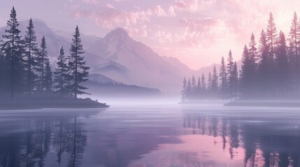 Poster - Tranquil mountain lake background with pine reflections and soft dawn light