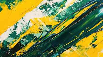 Abstract painting featuring dynamic brushstrokes in yellow and green hues.