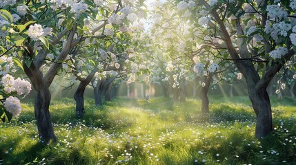 Wall Mural - Full bloom orchard backdrop with soft sunlight and detailed green leaves