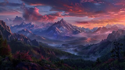 Sticker - Wallpaper featuring a mountain landscape at dusk with rugged peaks and warm skies