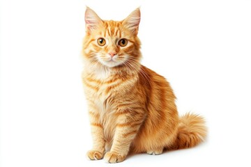 A cat with orange fur is sitting on a white background. The cat has a curious expression on its face , ai