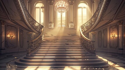 Canvas Print - Background of a grand staircase with marble steps iron railings and glowing chandelier