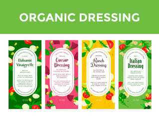 A variety of organic dressing labels showcasing flavors and ingredients for healthy salad options in a vibrant design.