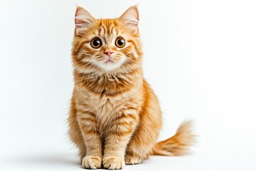 Wall Mural - A cat with orange fur is sitting on a white background. The cat has a curious expression on its face , ai