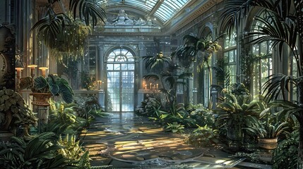 Poster - Richly decorated conservatory with lush plants and ambient light background