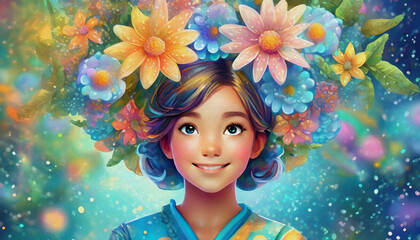 oil painting style cartoon character illustration woman portrait with flowers over head on blue background. summer colors.