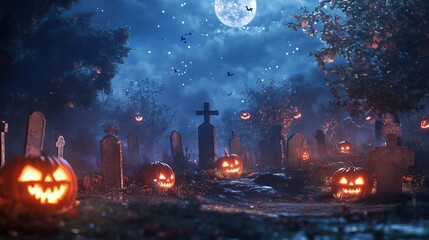 A spooky Halloween scene with pumpkins in a graveyard at night.