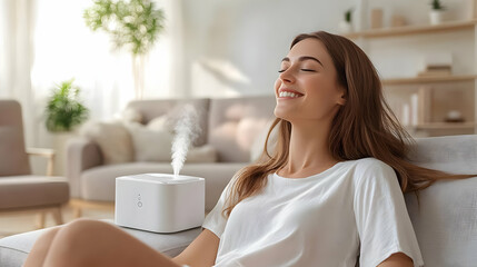 a woman enjoying relaxation with a diffuser in a cozy living room.