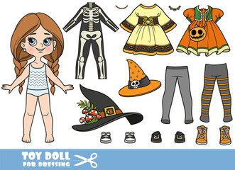 Cartoon braided girl and   Halloween witch costume and skeleton suit. Bonus handbag that matches the dresses