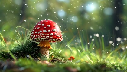 Vibrant red mushroom with white spots amidst lush green grass under a clear blue sky, showcasing the beauty of nature and outdoor forest scenery.