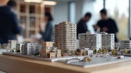 Wall Mural - A Detailed Cityscape Model on a Wooden Table