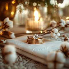 A micro shot of a wedding bands, white linen table, the table is decorated with cotton flowers