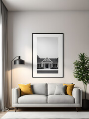 Poster - Living room interior with a sofa, a lamp and a picture on the wall.