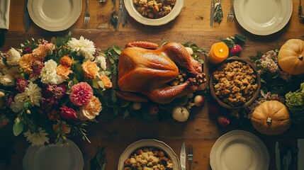 A Thanksgiving feast is laid out on a wooden table. There's a roasted turkey, stuffing, and flowers.