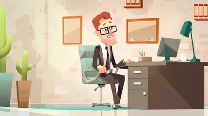 An office cartoon character standing in a professional environment. The character is wearing business attire and has a unique design. It is holding office tools and seems to be engaged in work - relat