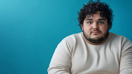 Canvas Print - Portrait of serious dark skinned overweight young man looks directly at camera dressed in sweatshirt concentrated at camera poses against blue background. Human face expressions and emotions