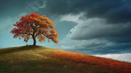 Lonely tree landscape painting view with dramatic stormy weather sky, autumn beautiful natural view