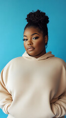 Wall Mural - Portrait of serious dark skinned overweight young black woman looks directly at camera dressed in sweatshirt concentrated at camera poses against blue background. Human face expressions and emotions