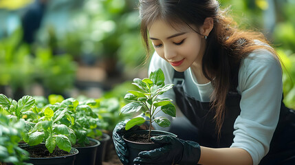 A woman nurturing a plant in a greenhouse environment.