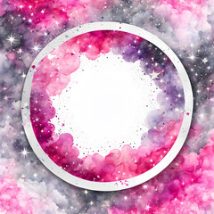 Wall Mural - Watercolor background with clouds, stars and round frame. 