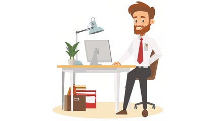 An office cartoon character standing in a professional environment. The character is wearing business attire and has a unique design. It is holding office tools and seems to be engaged in work - relat