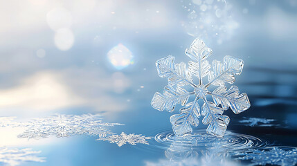 Wall Mural - a small snowflake with diamond texture is on the water surface, winter texture wallpaper background