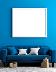 Wall Mural - mock up blank white frame, blue sofa, Christmas in living room, gift, on floor, christmas tree, wooden floor, wall blue