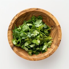 Wall Mural - Coriander in a wooden bowl, top view, white background