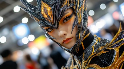 A close-up of a person wearing intricate metallic armor with sharp features and piercing eyes, capturing attention with a fierce expression.